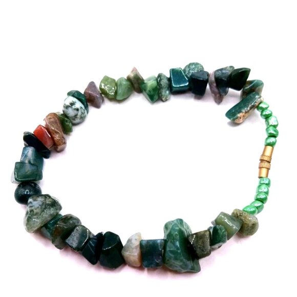 Green Aventurine Chip Beaded  Bracelet + Black Stone Sterchy Bracelet - Picture 3 of 9